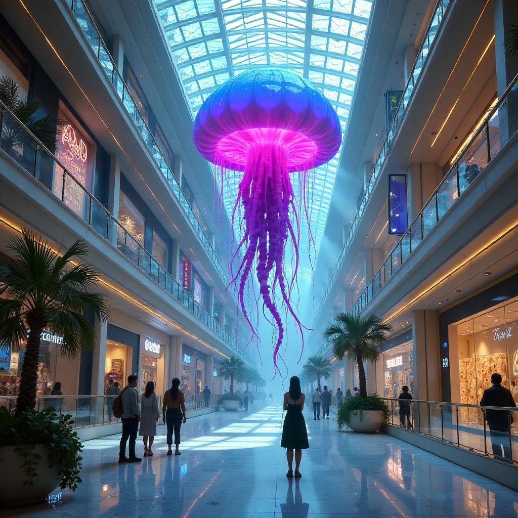 Jellyfish Concept Art in a Neon Mall Atrium