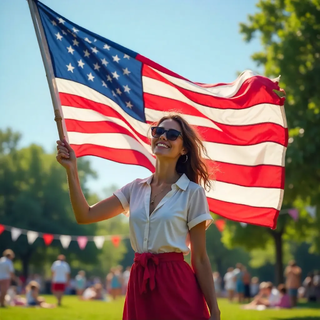 Joyful Woman Waving American Flag Under Clear Blue Sky