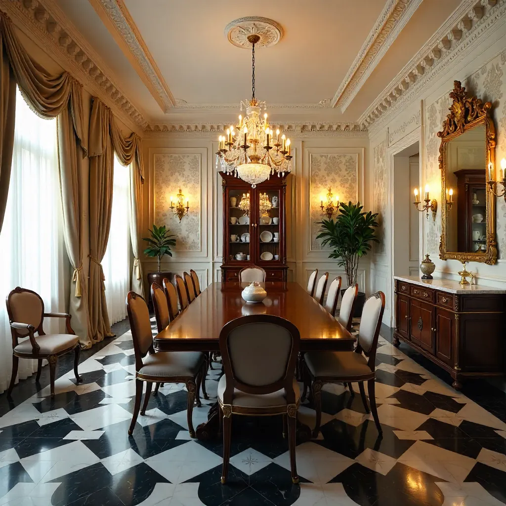 Elegant Vintage Dining Room with Chandelier and Checkered Floor