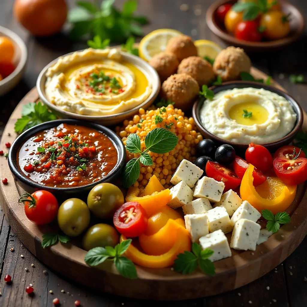 Vibrant Mediterranean Mezze Platter in Sunlit Rustic Tray