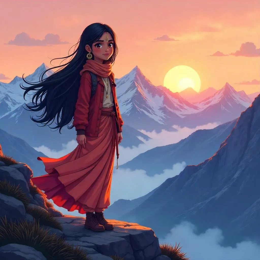 Anime Indian Girl Among Mountain Peaks