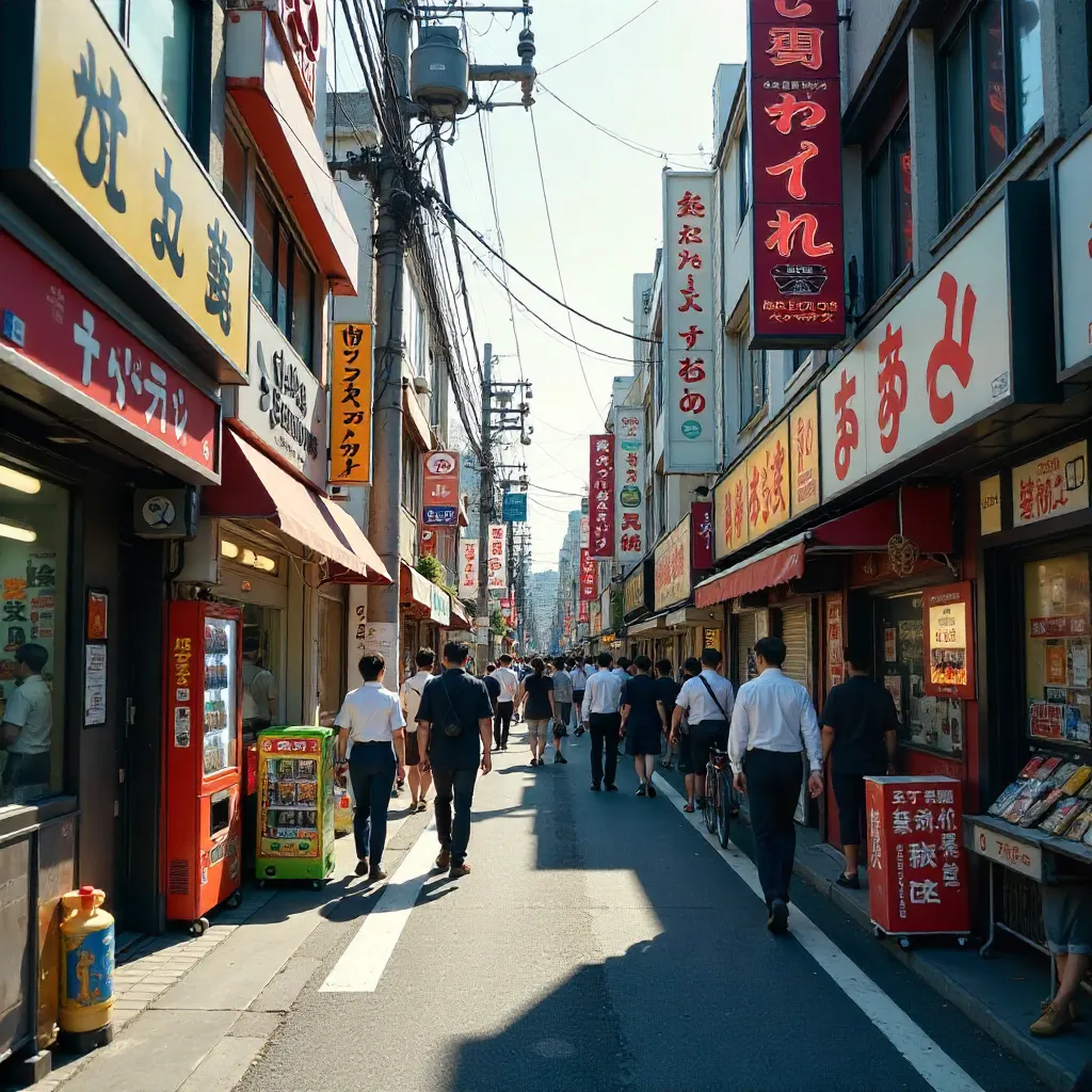 Vibrant Daytime Japanese Street Scene with Busy Pedestrians
