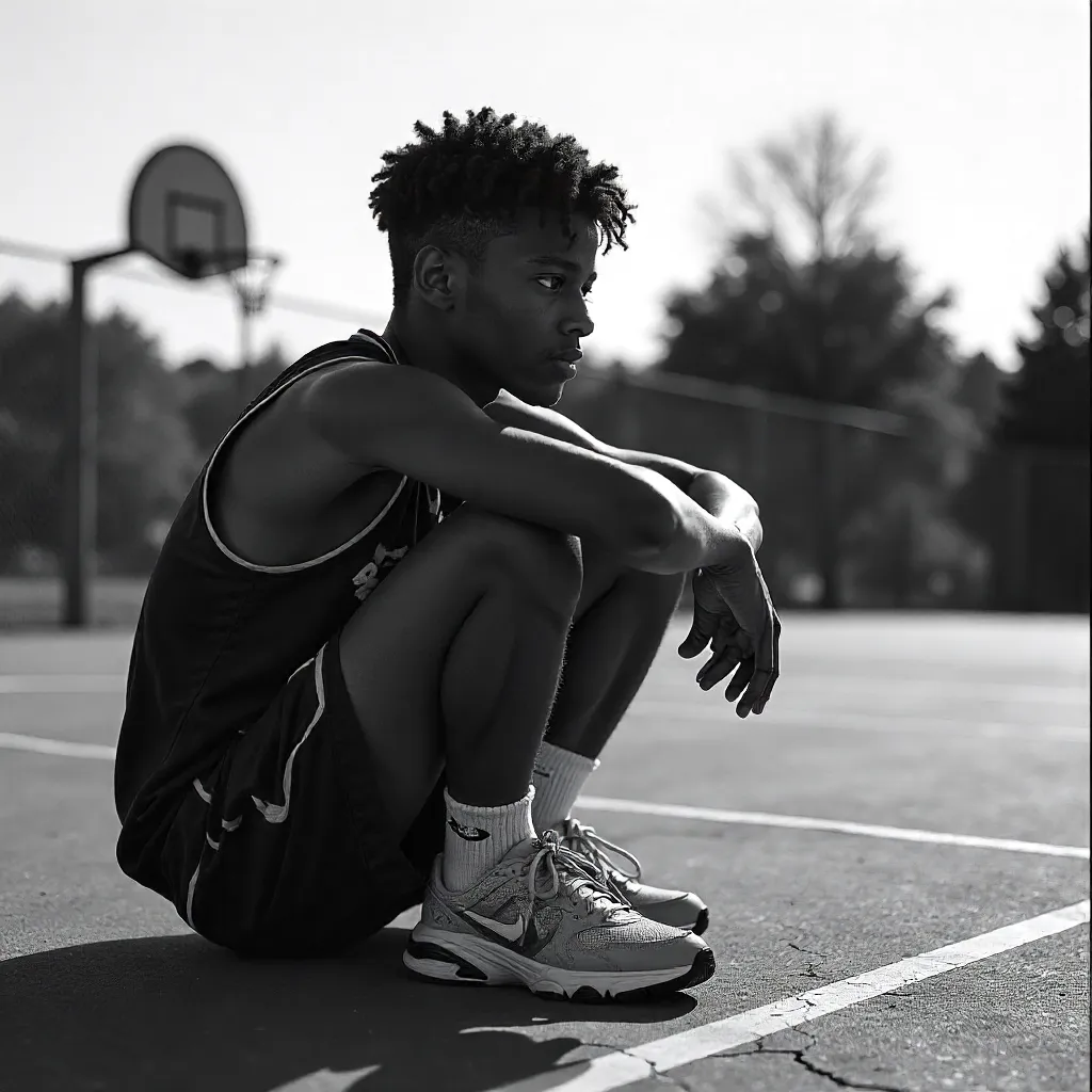Contemplative Black and White Portrait on Outdoor Court