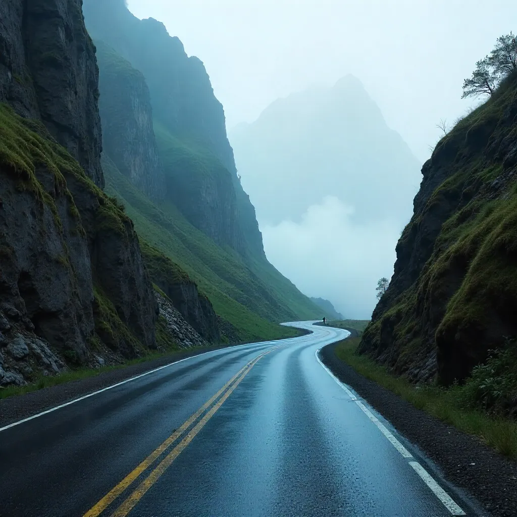Mist-Cloaked Mountain Road: Moody Twilight