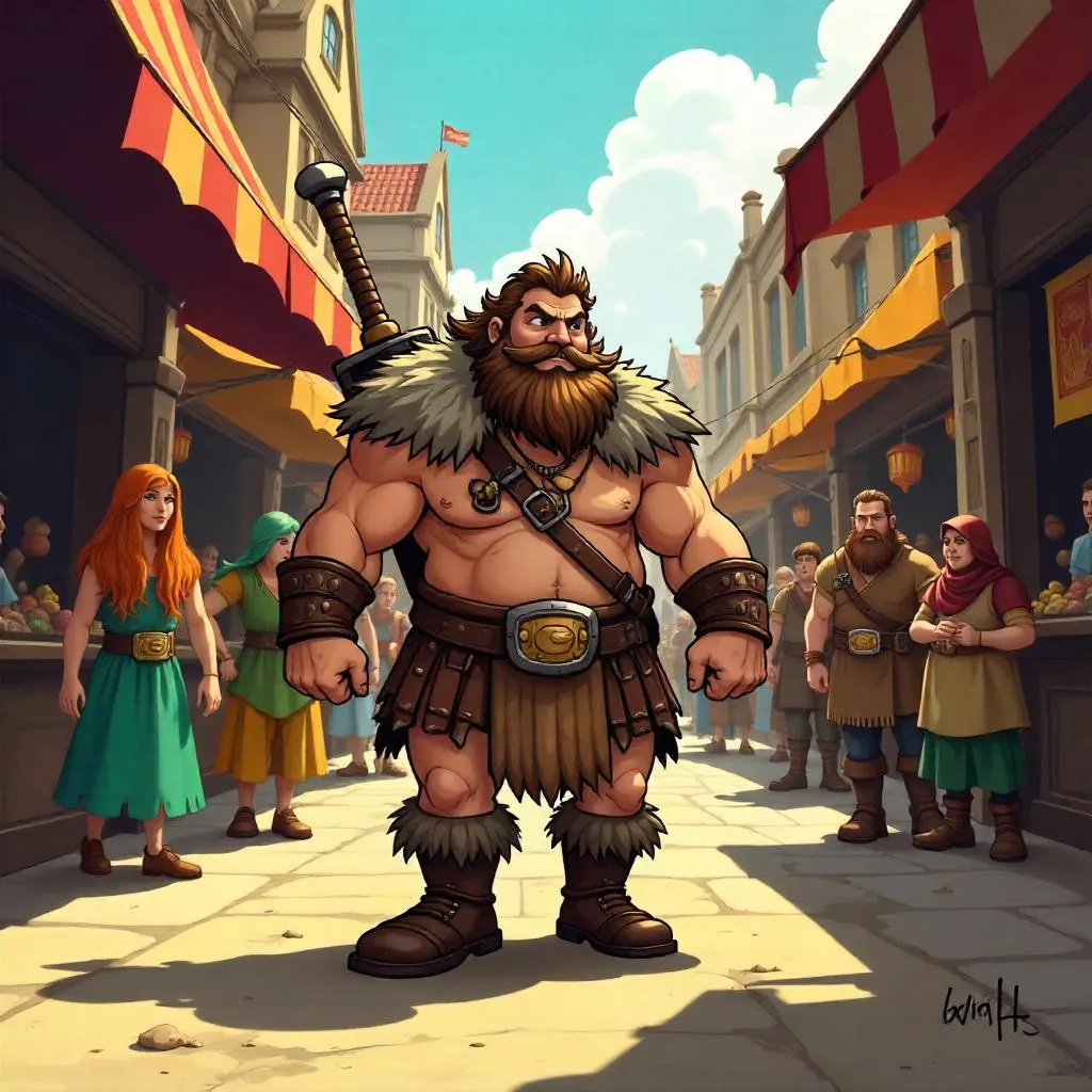 Cartoon Barbarian on a Busy Market Street