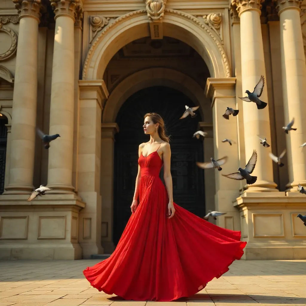Red Dress Among Pigeons Before Ornate Facade