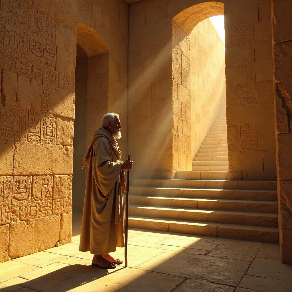 Elderly Figure in a Sunlit Pyramid - 3D Render