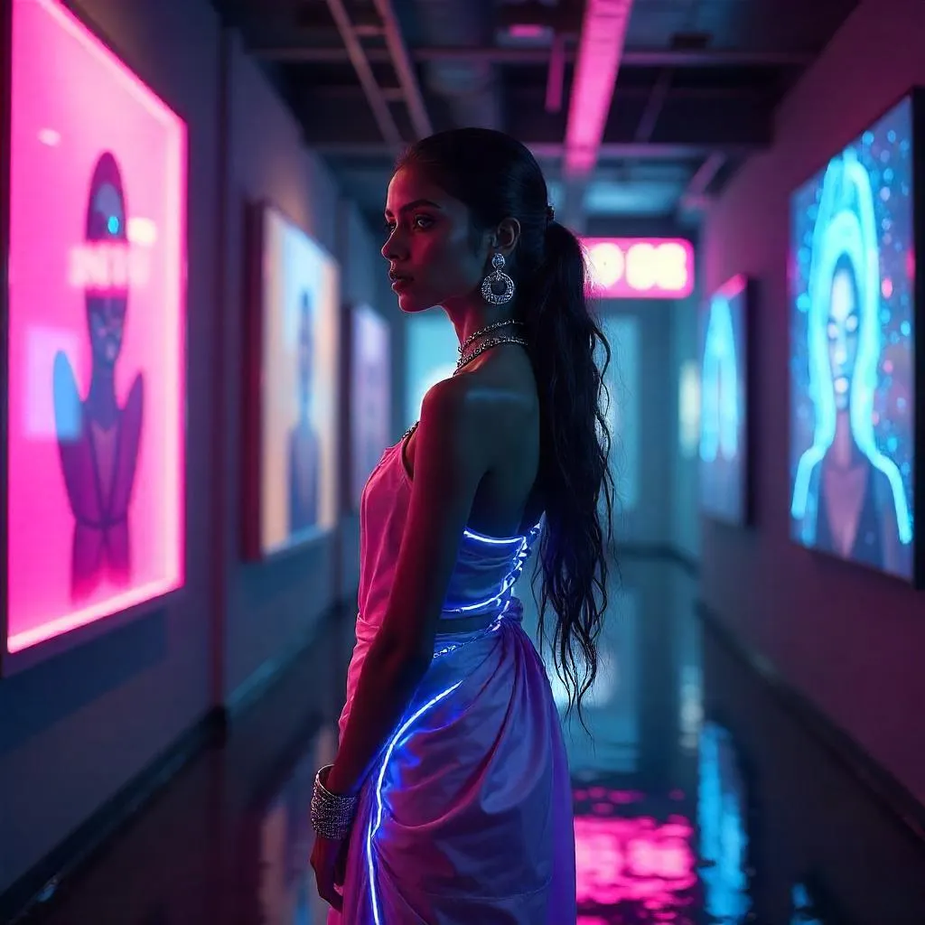 Neon Indian Beauty in a Cyberpunk Art Gallery