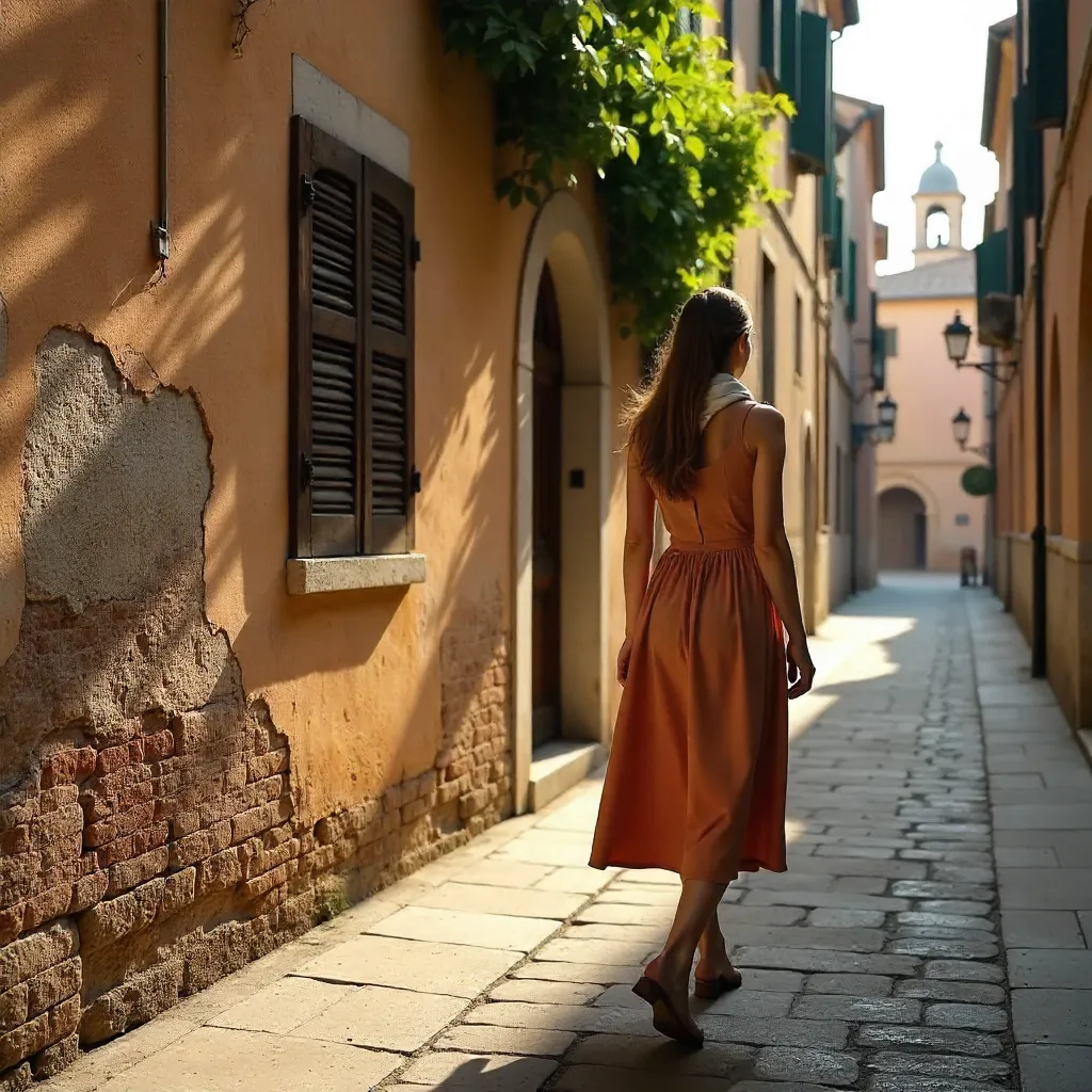 Pastel Charm: Woman Walking by a Rustic Padova Wall