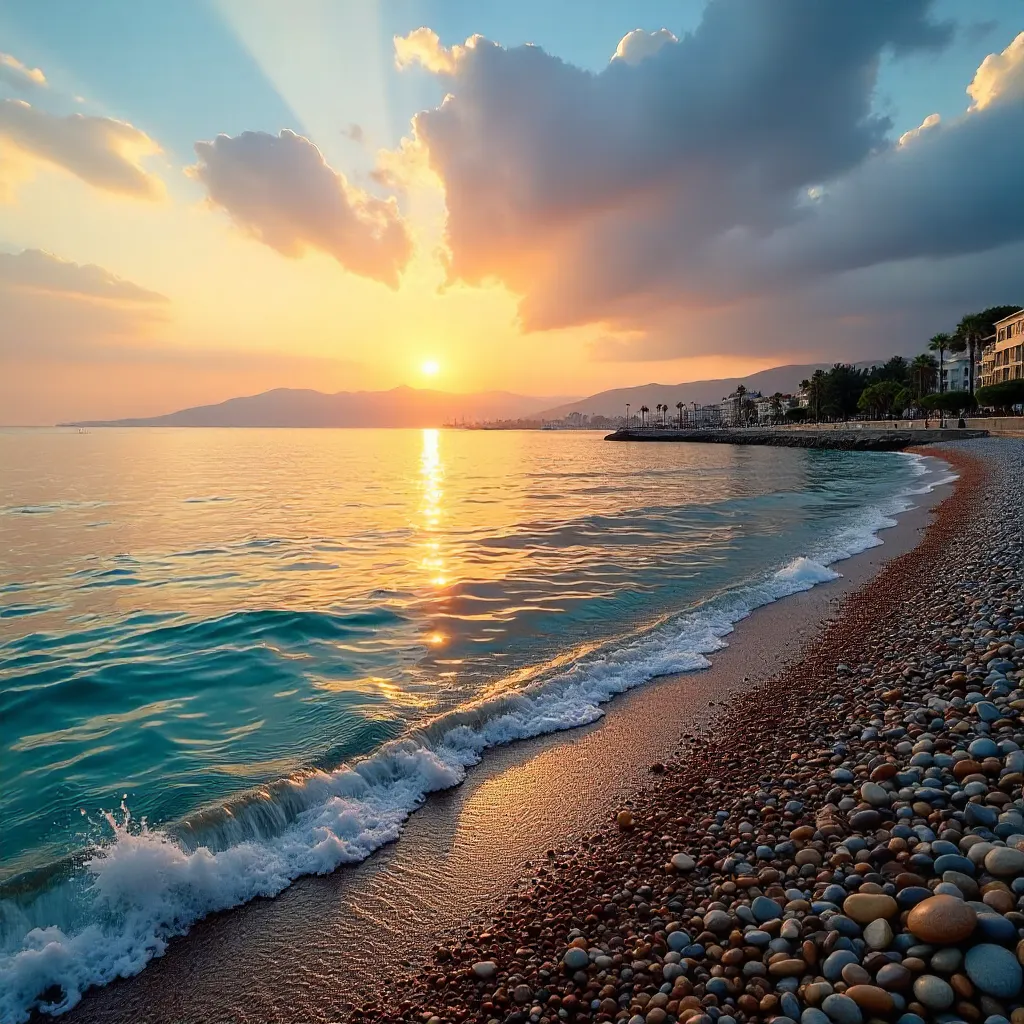 Antalya Sunset: Tranquil Coastline and Distant Mountains