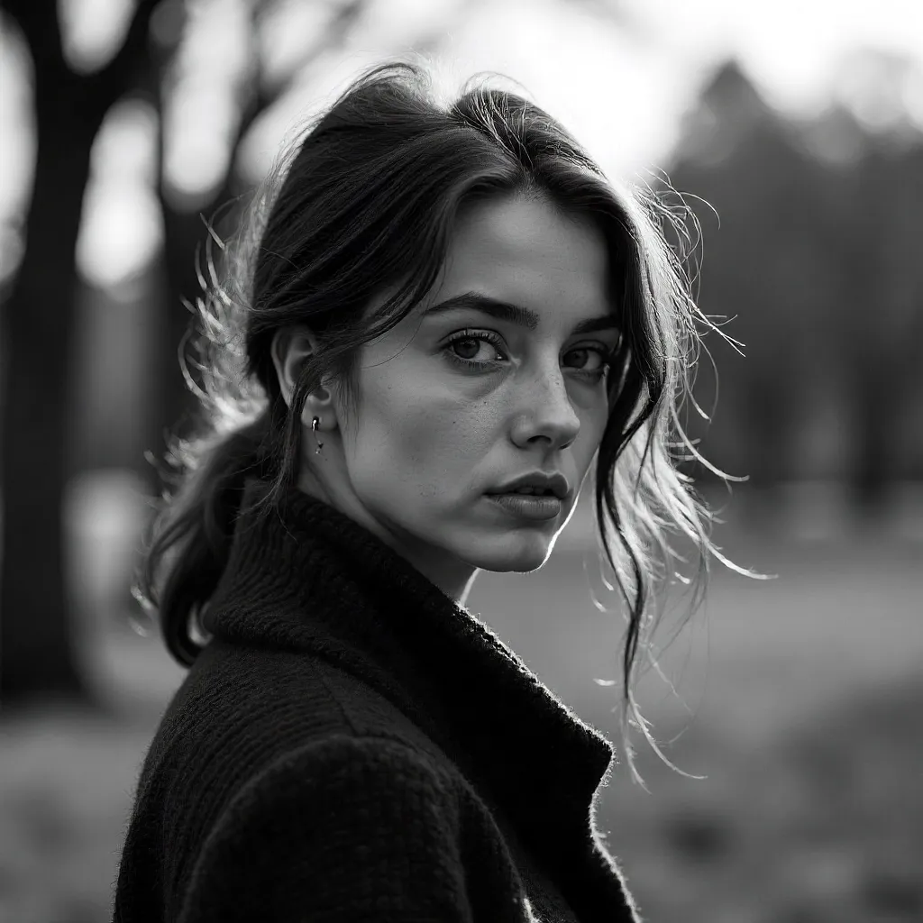 Contemplative Outdoor Black-and-White Portrait