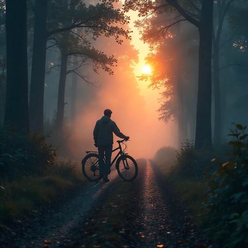 Sunrise Mist: Walker with Bicycle on Foggy Path