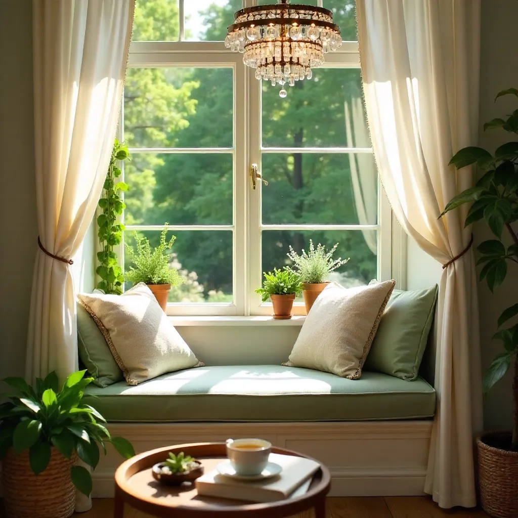 Serene Window Nook with Greenery and Crystal Chandelier