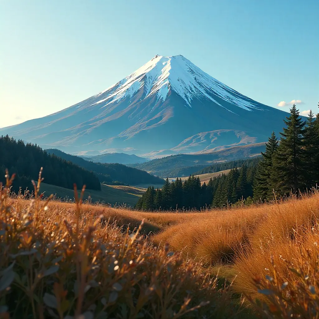 Snow-Capped Mount Fuji Beyond Foreground Grass