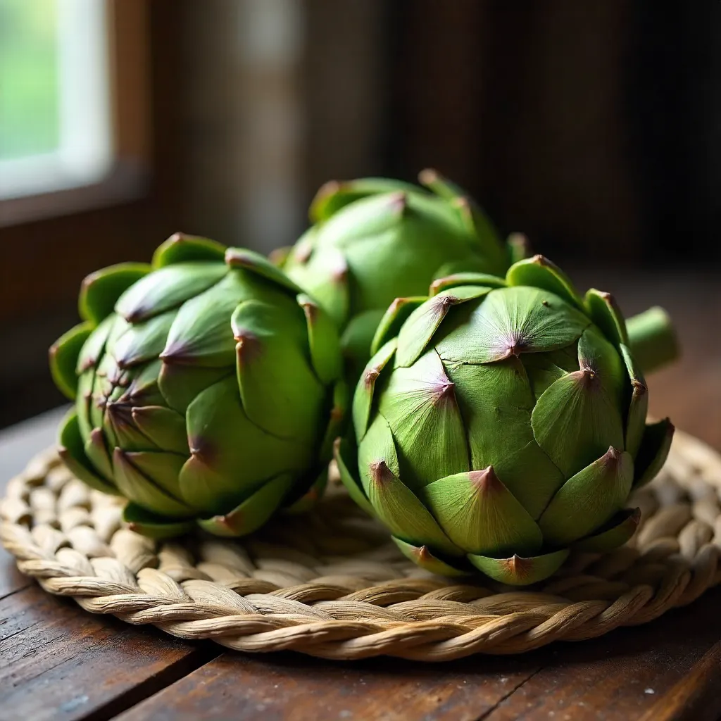 Still Life: Fresh Artichokes on a Woven Mat