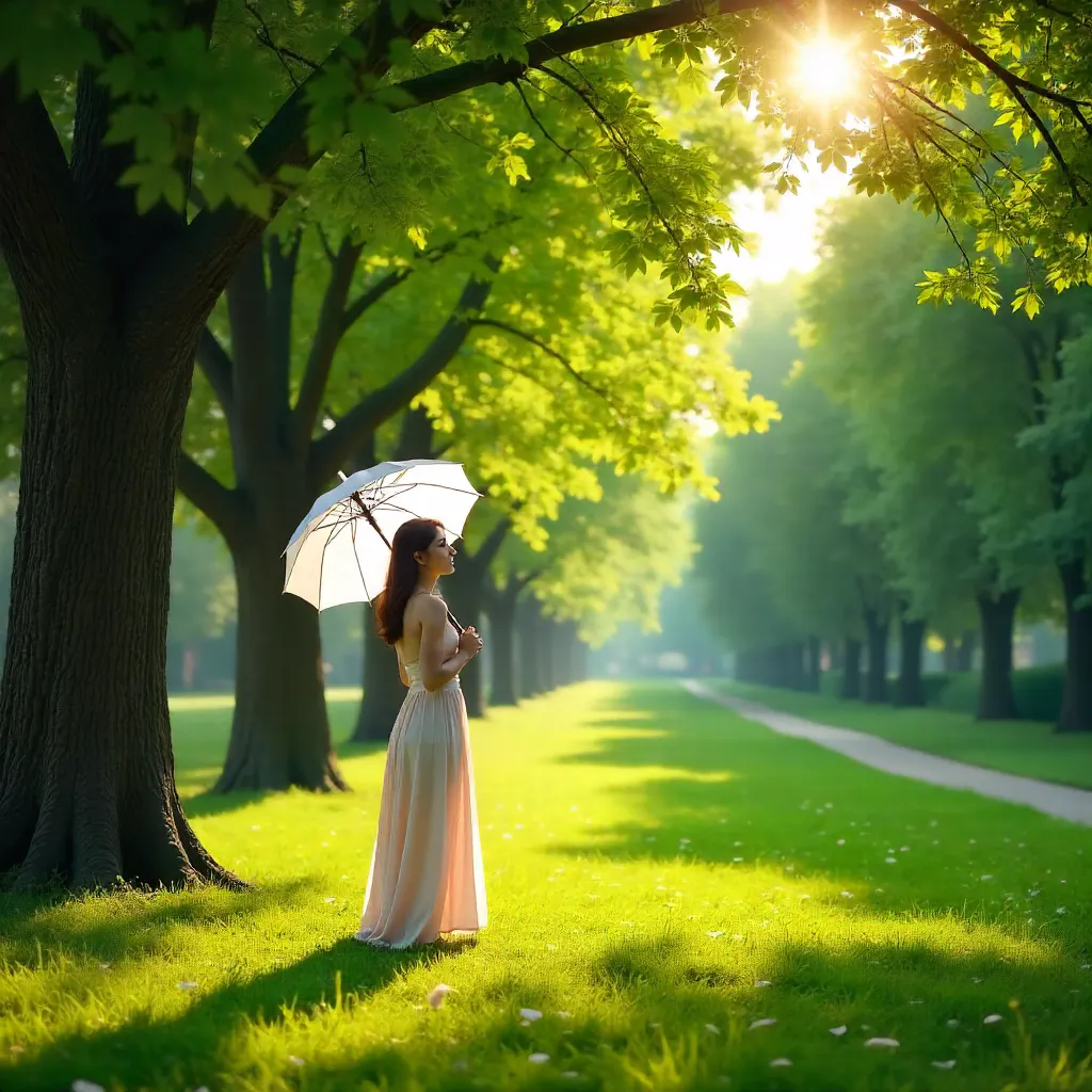 A Woman with White Umbrella Among Lush Green Trees