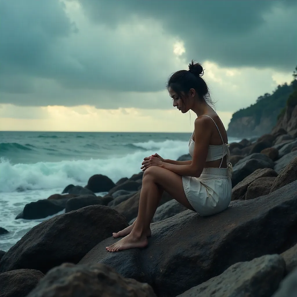 Contemplative Moment by the Sea on Stormy Rocks