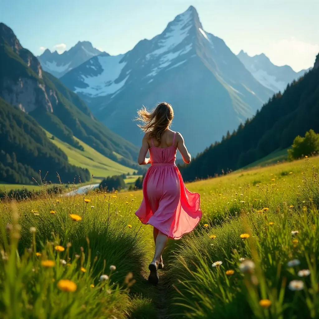 Pink Dress Runner in Slovenian Alpine Meadow