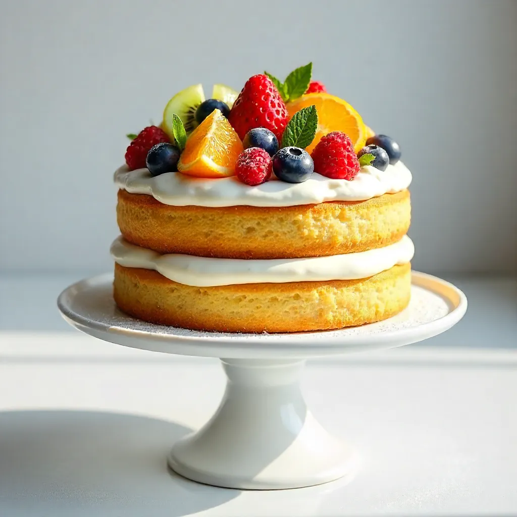 Mouthwatering Sponge Cake on a White Stand with Fresh Fruit