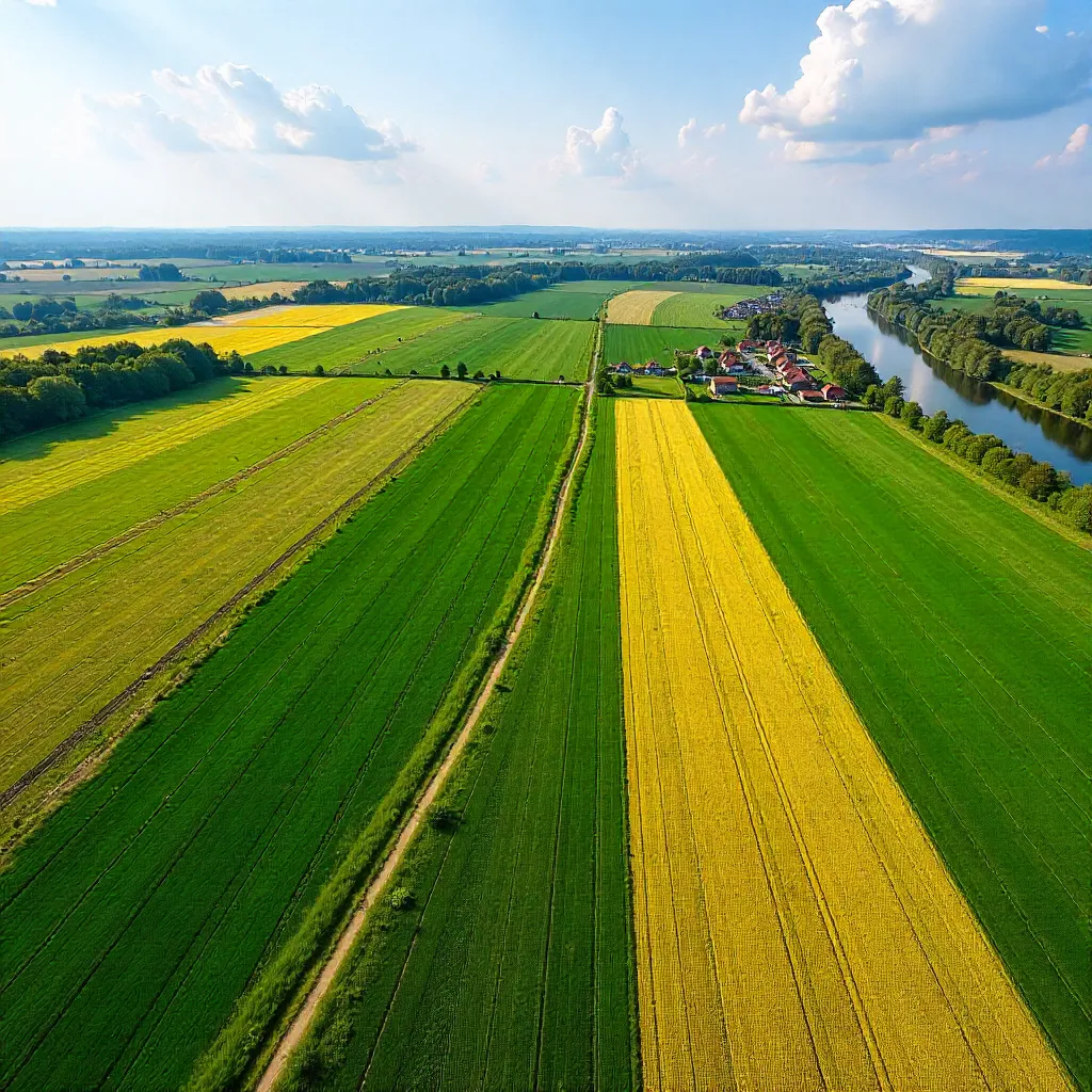 Vibrant Aerial Striped Farmlands in Poland (Spring)