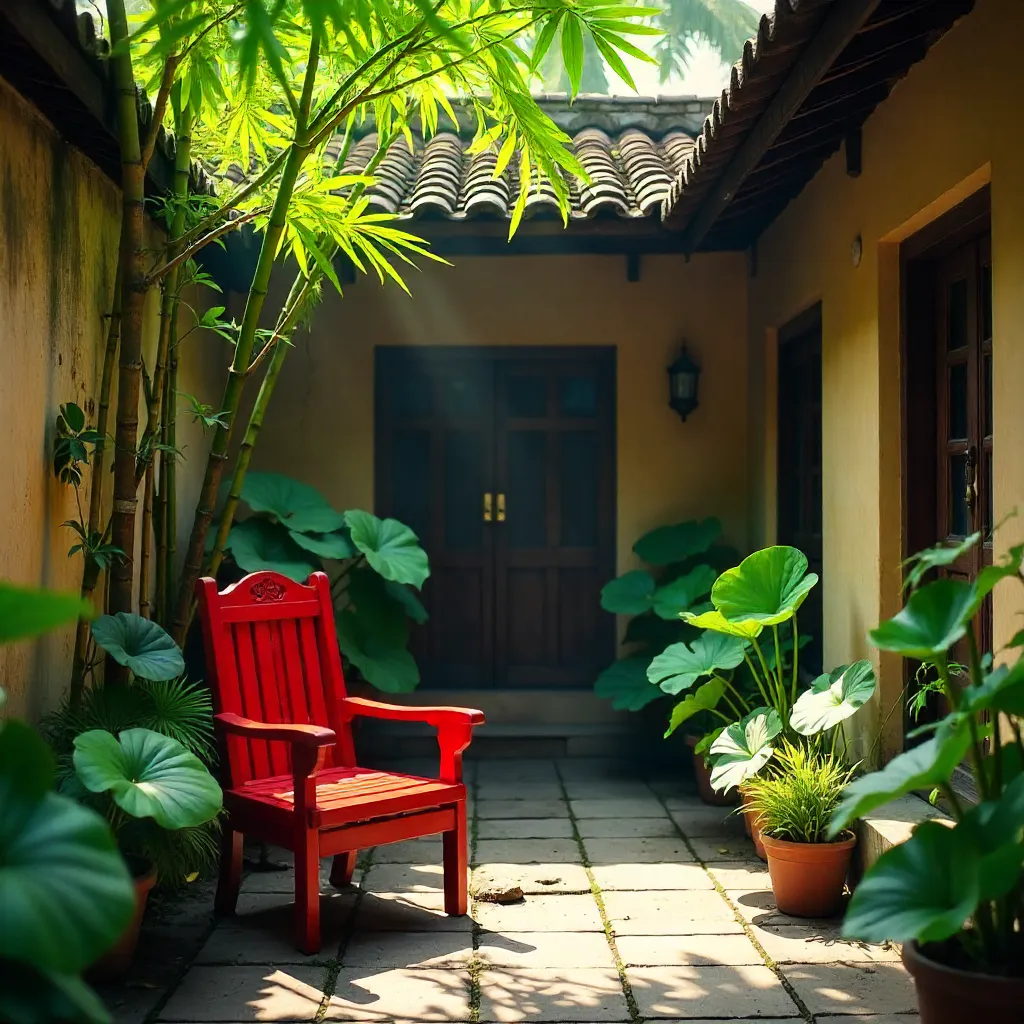 Hanoi Courtyard Serenade: Red Chair Amid Greenery