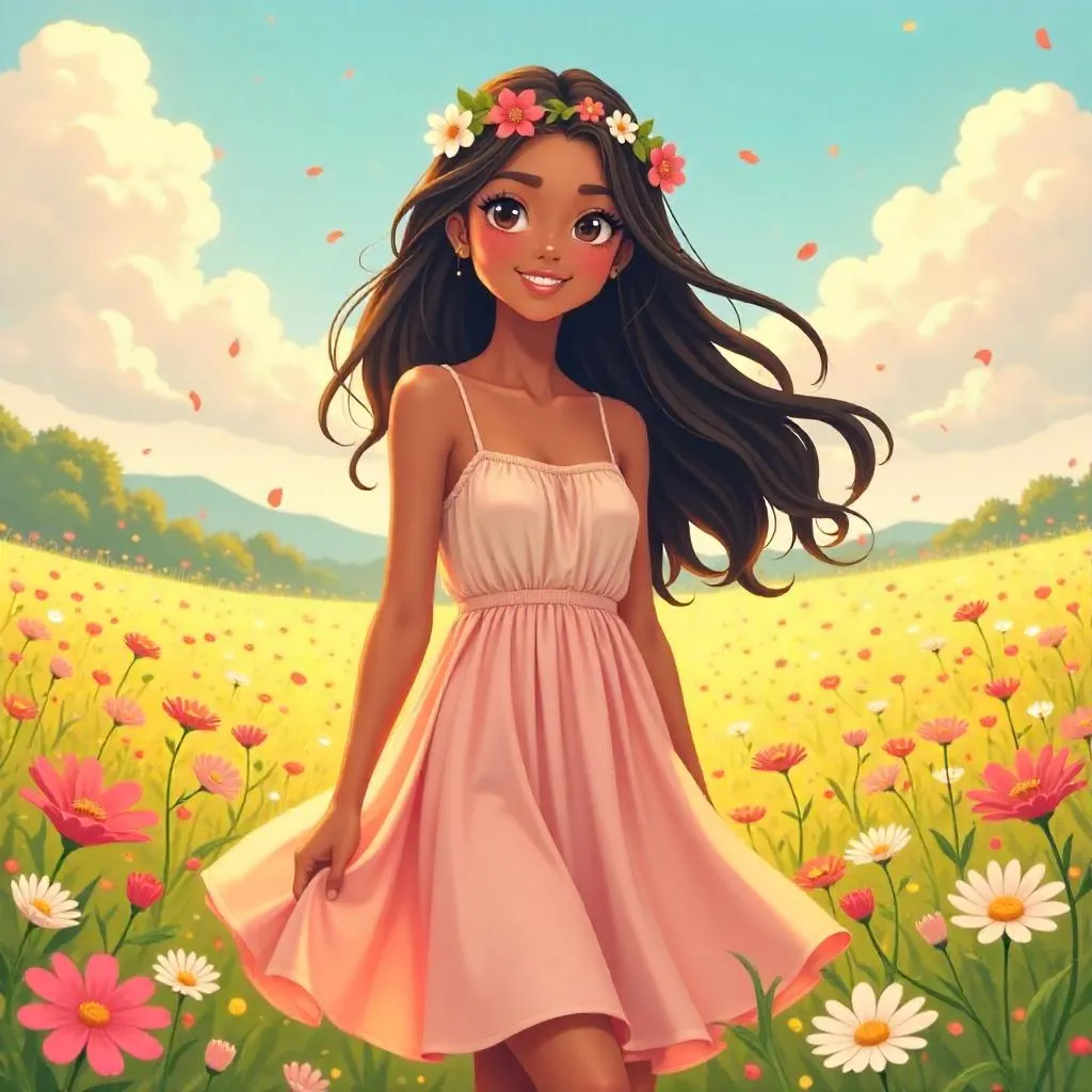 Latina Anime Girl in a Field of Flowers