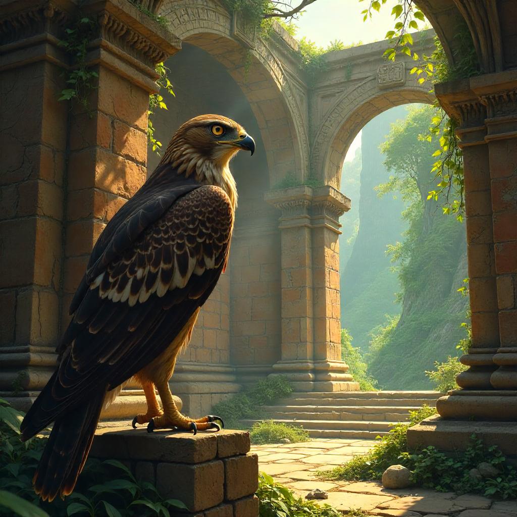 Hawk Sentry in Ancient Temple Ruins