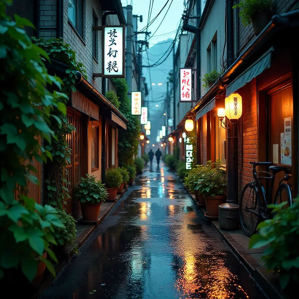 Rainy Tokyo Laneway: Greenery and Neon Charm