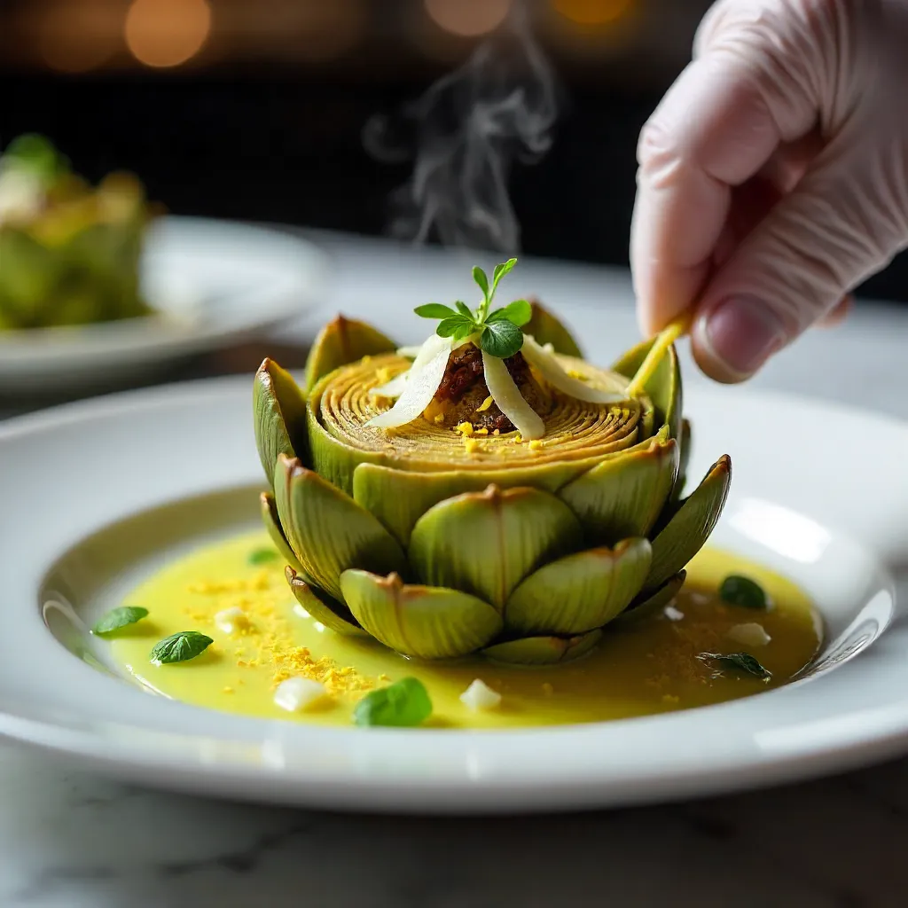 Close-Up Gourmet Artichoke Dish Being Prepared