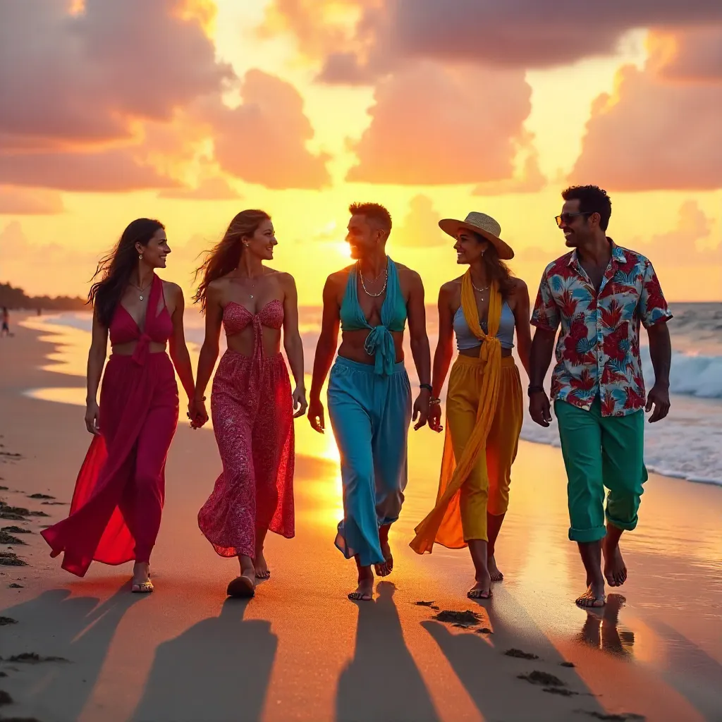 Sunset Beach Parade in Colorful Attire
