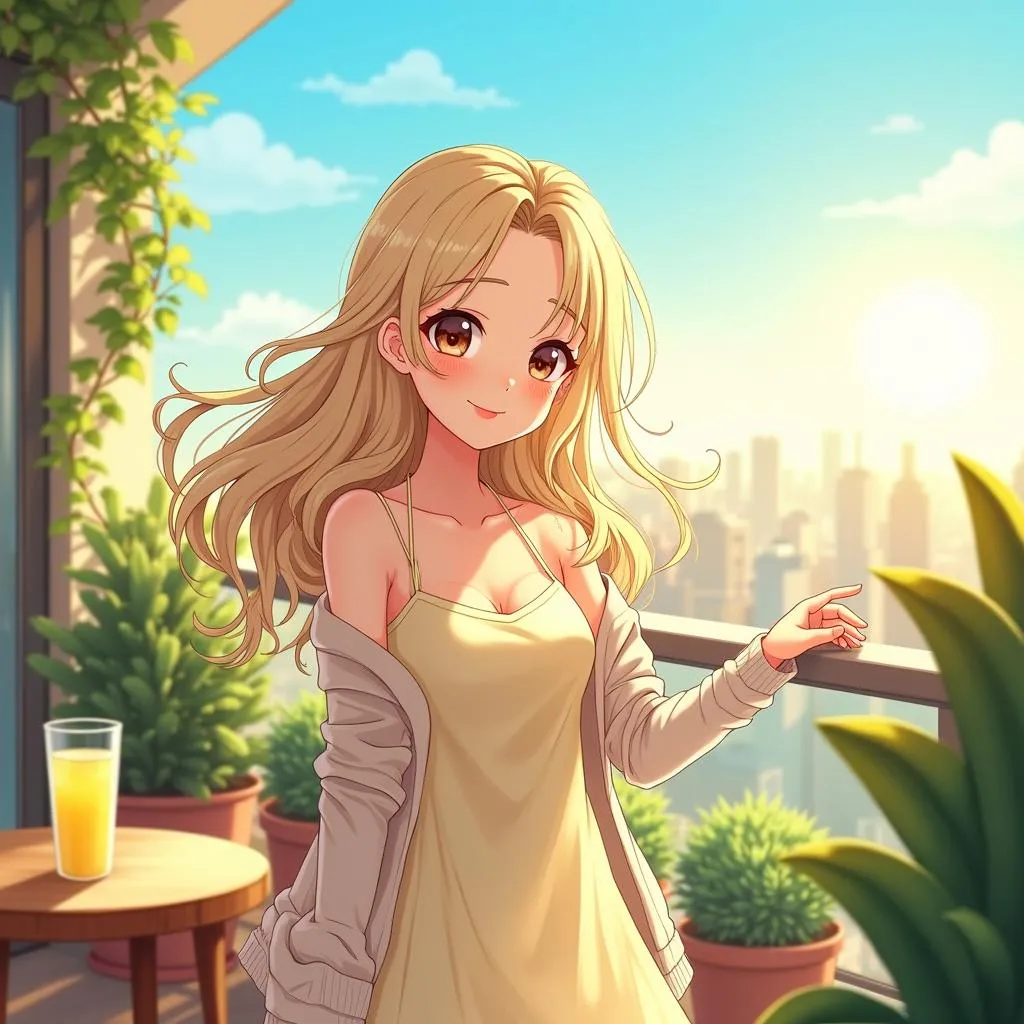 Cheerful Anime Woman on a Terrace