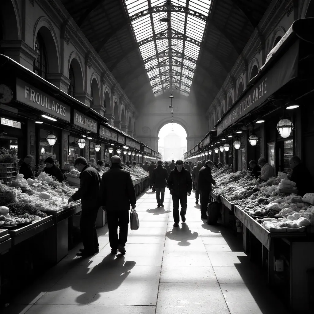 Monochrome Bustle in Nancy's Indoor Market Hall