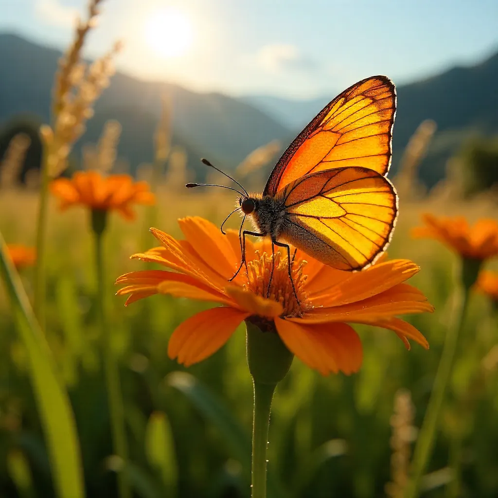 Delicate Butterfly on an Orange Flower in a Brazilian Meadow