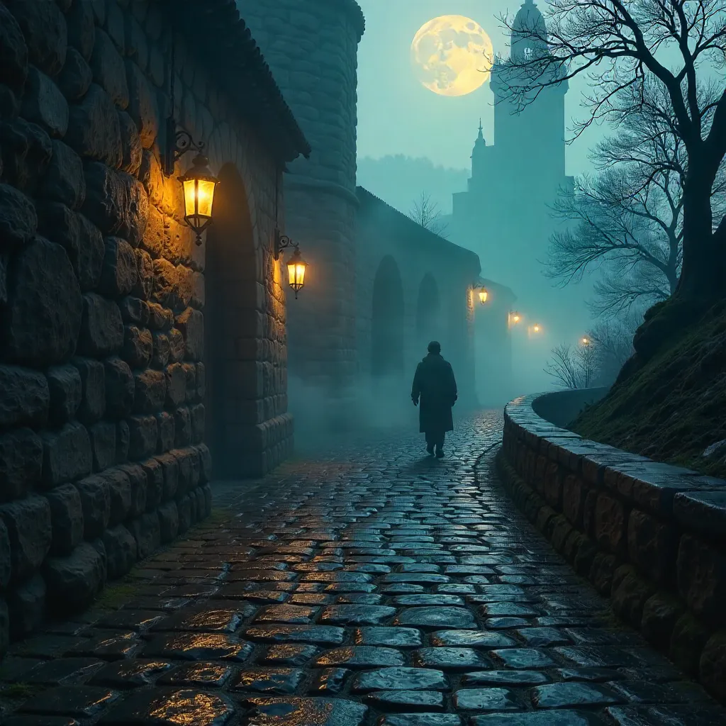 Long Shadow on a Winding Cobblestone Path