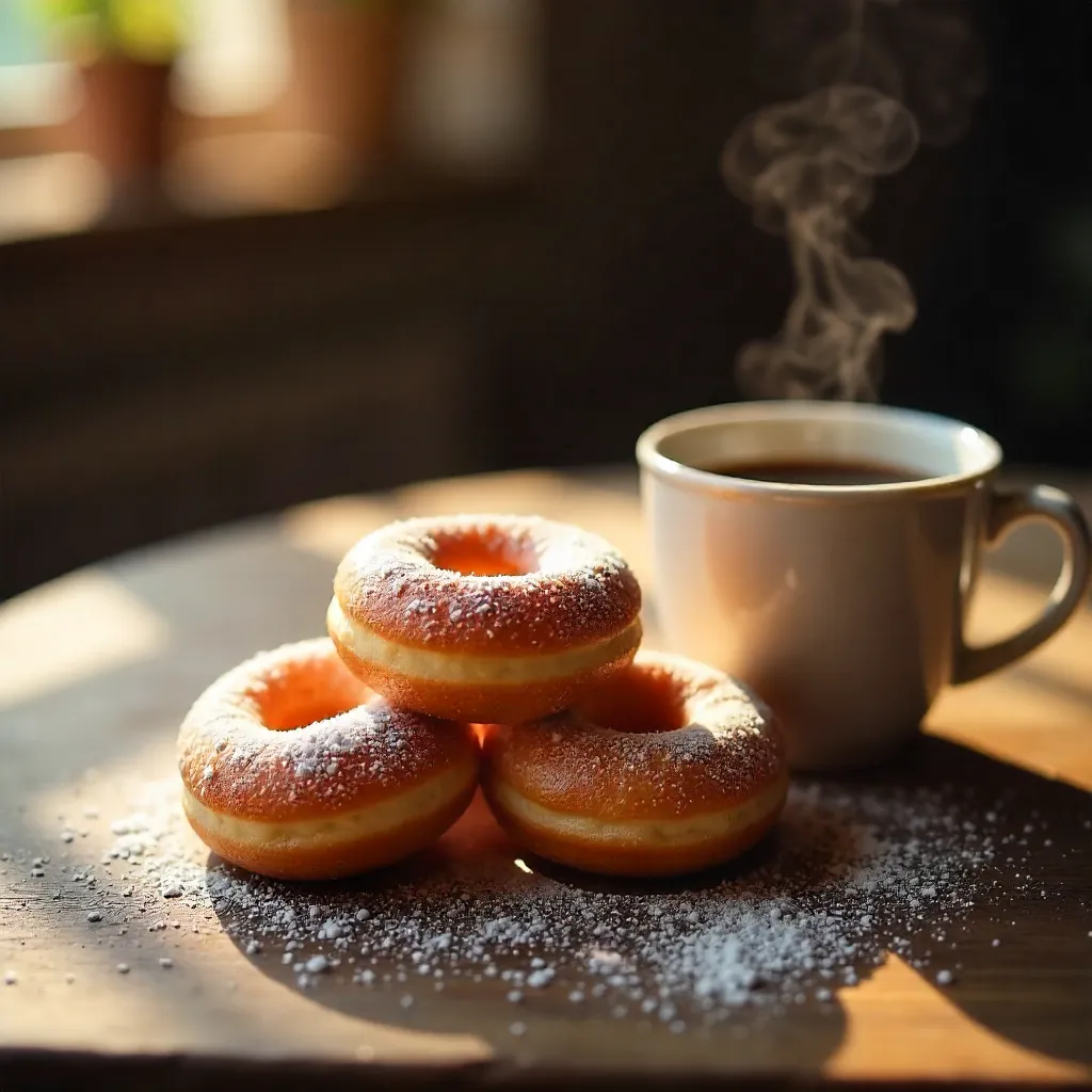 Three Powdered Sugar Donuts and Black Coffee in Warm Natural Light