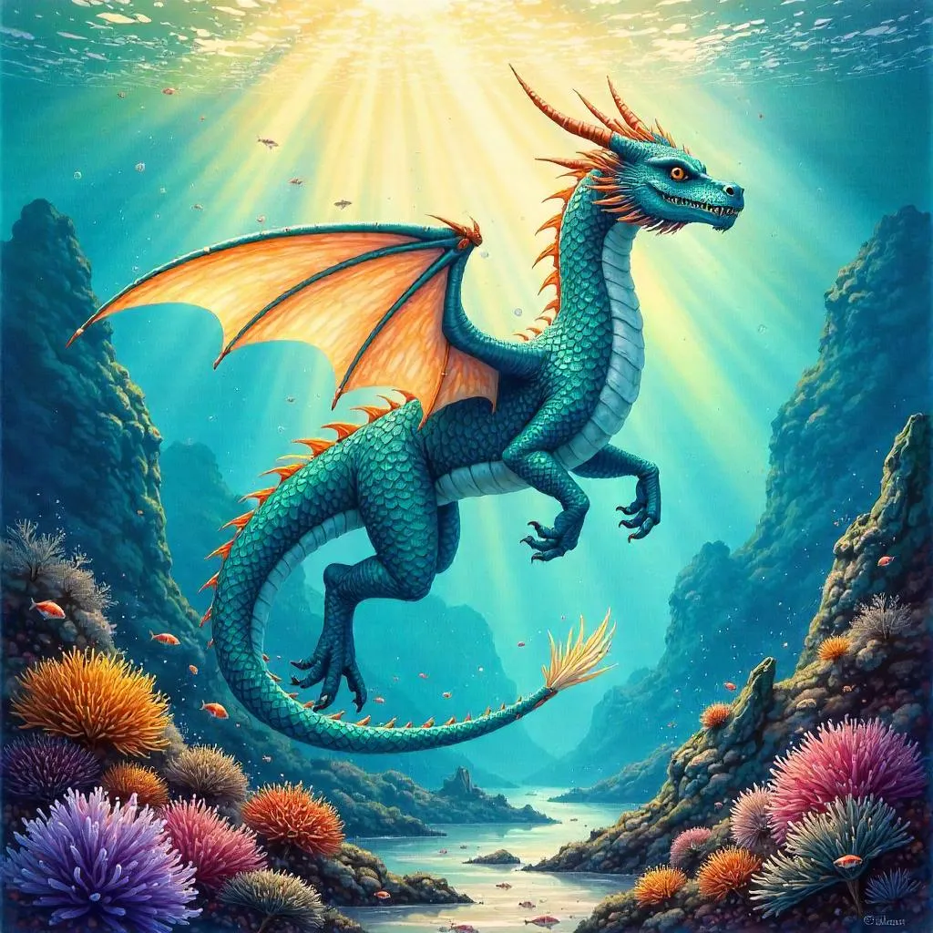 Watercolor Dragon Beneath the Sea