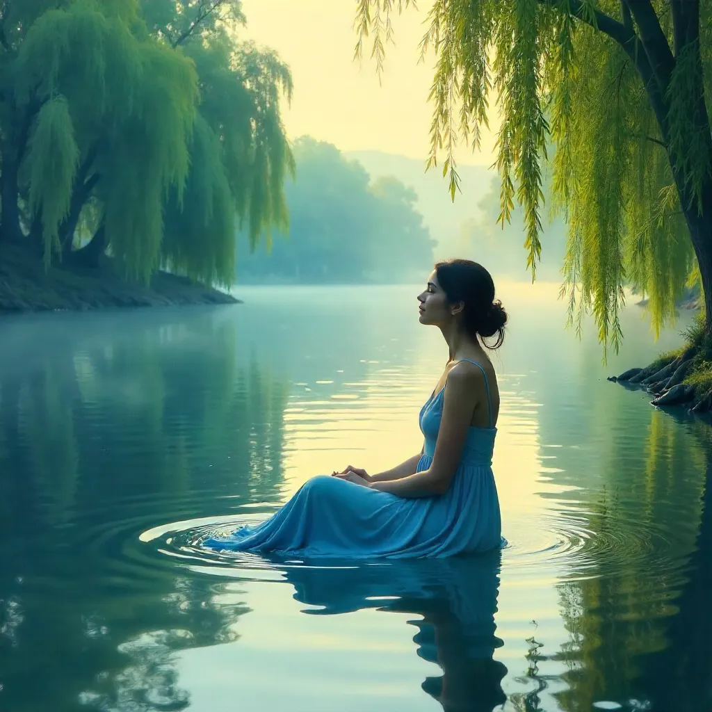 Tranquil River: Woman in a Blue Dress Floating