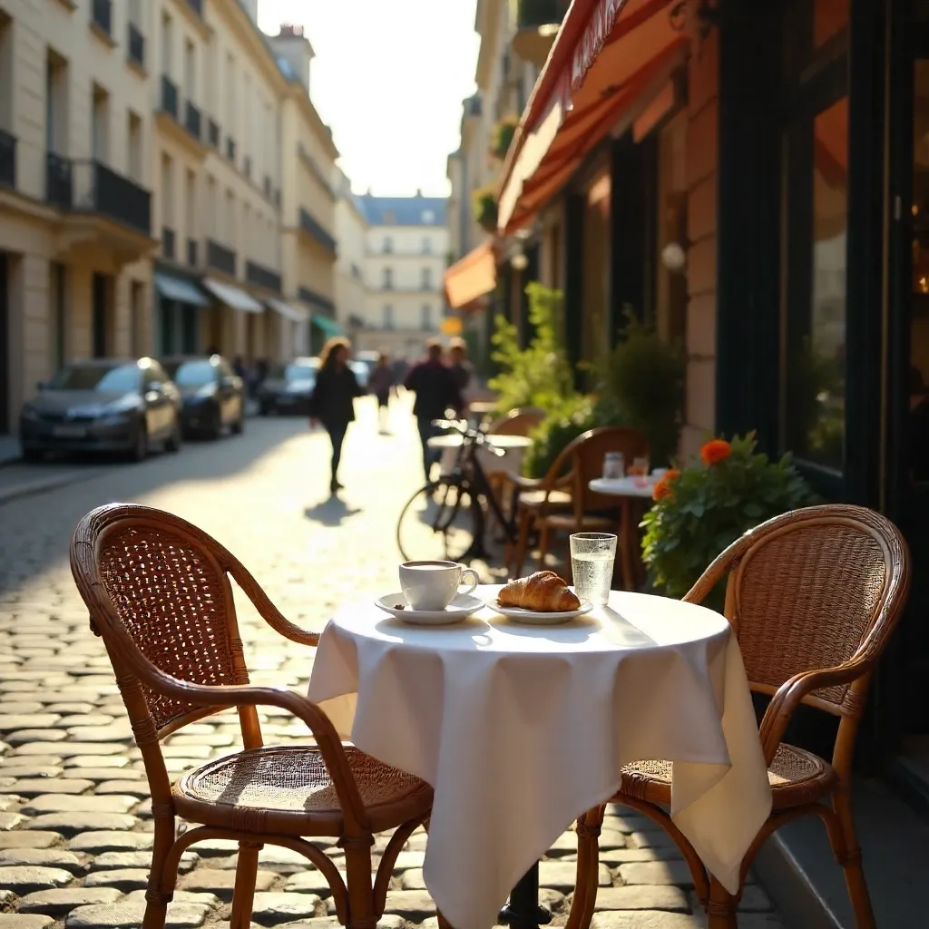 Cozy Paris Café Outdoor Seating with Rattan Chairs
