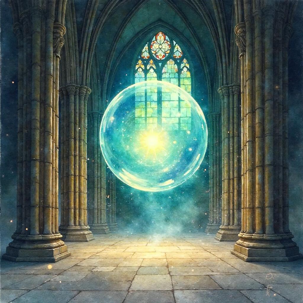 Watercolor Spirit Orb in a Gothic Cathedral