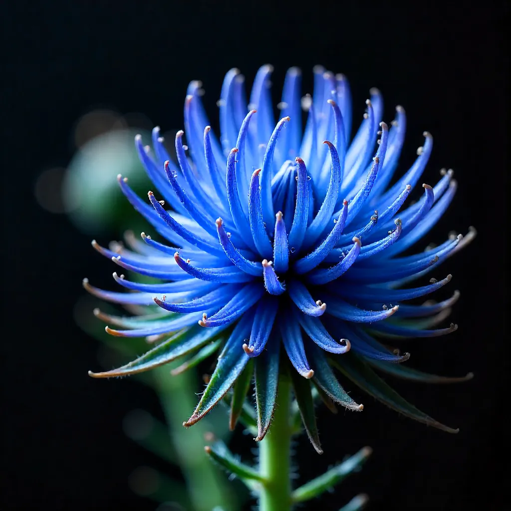 Macro close-up of vibrant blue globe thistles on black