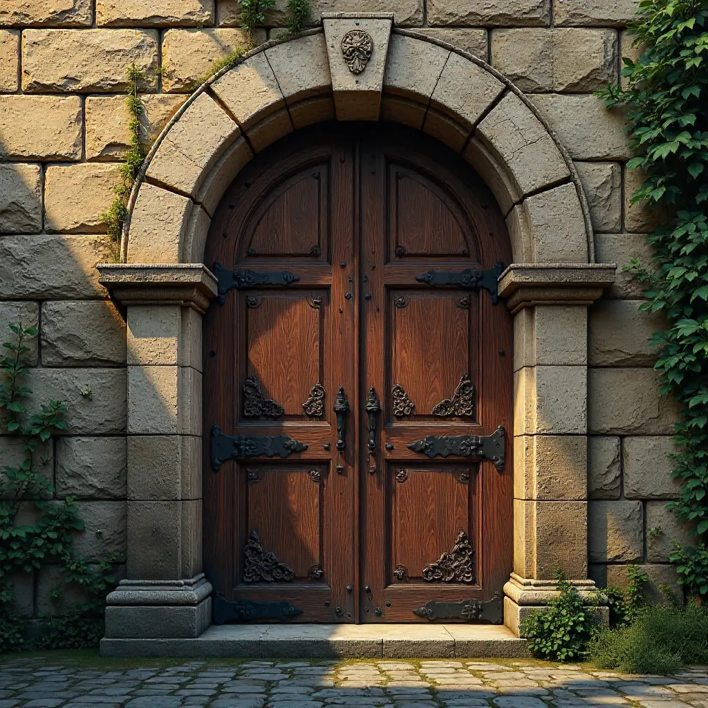 Carved Wooden Door Within a Historic Stone Archway
