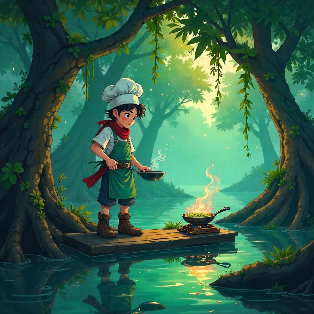 Anime Chef in a Misty Mangrove Swamp