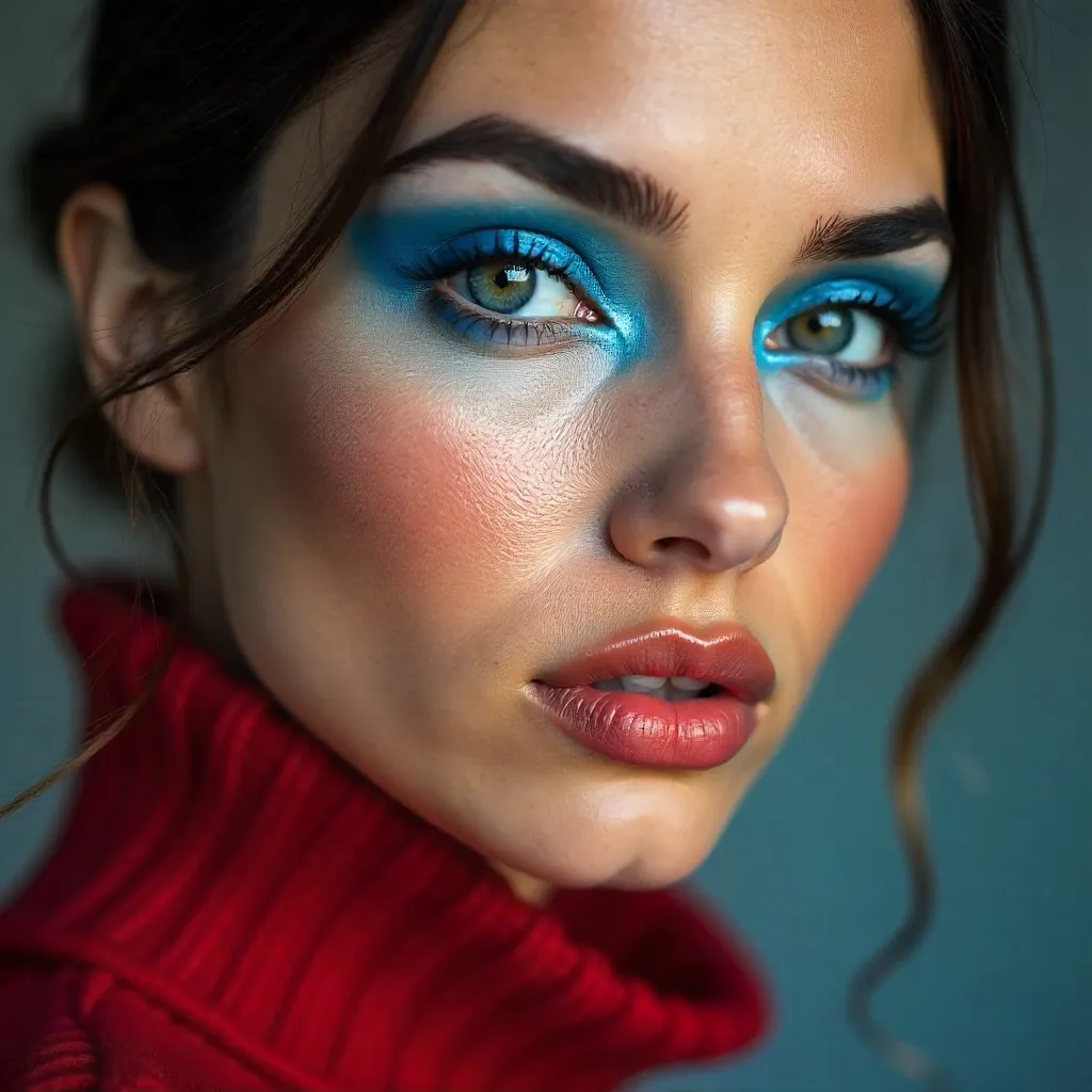 Electric Blue Eyes Against Crimson Knit Portrait