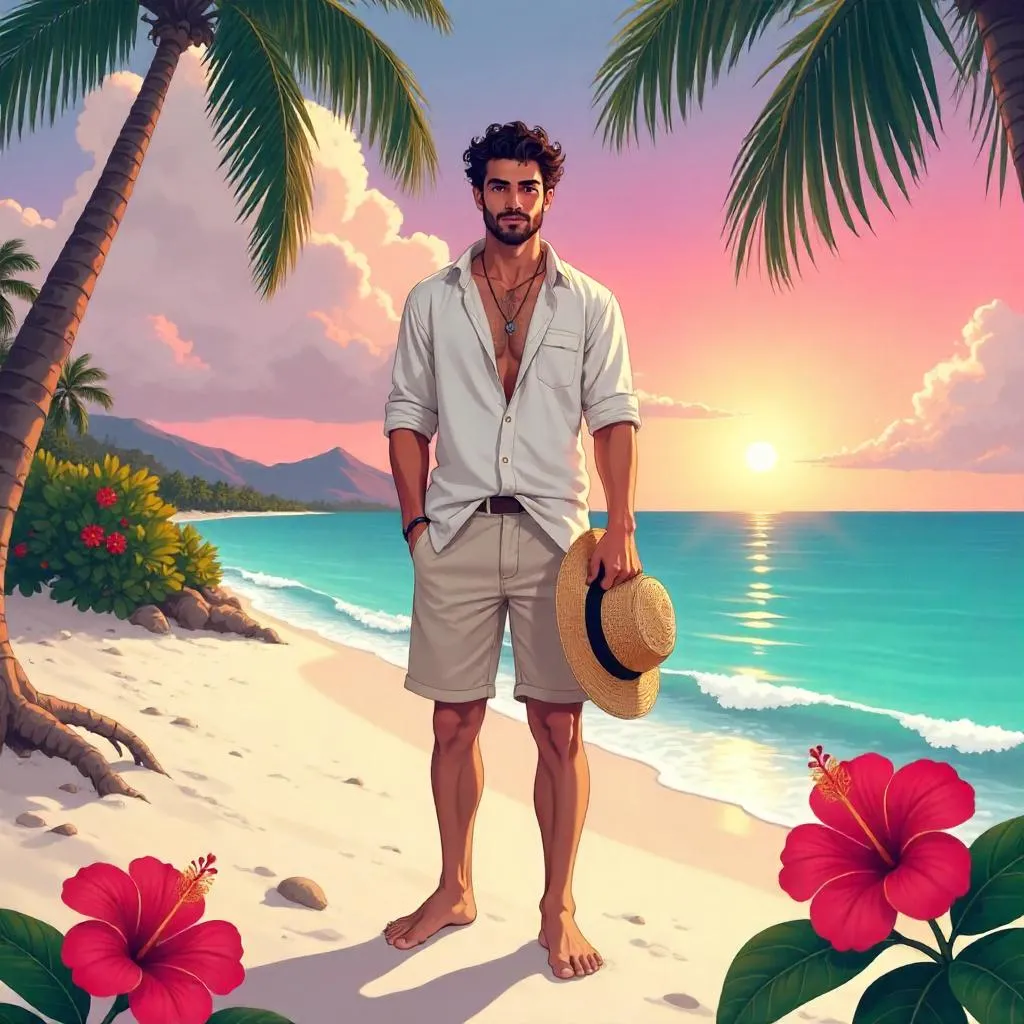 Young Middle Eastern Man in a Tropical Anime Paradise