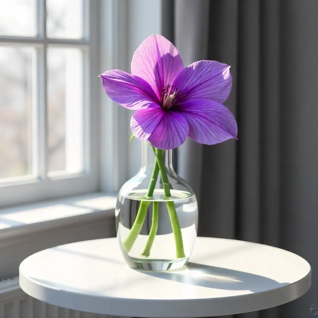 Elegant Purple Flower in Glass Vase on Round Table