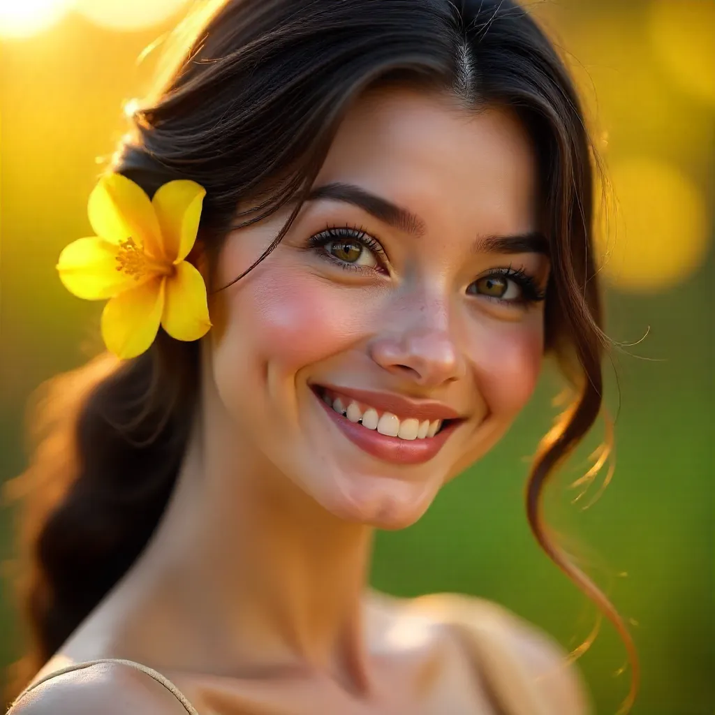 Close-Up Portrait: Smiling Woman with Yellow Flower Behind Ear