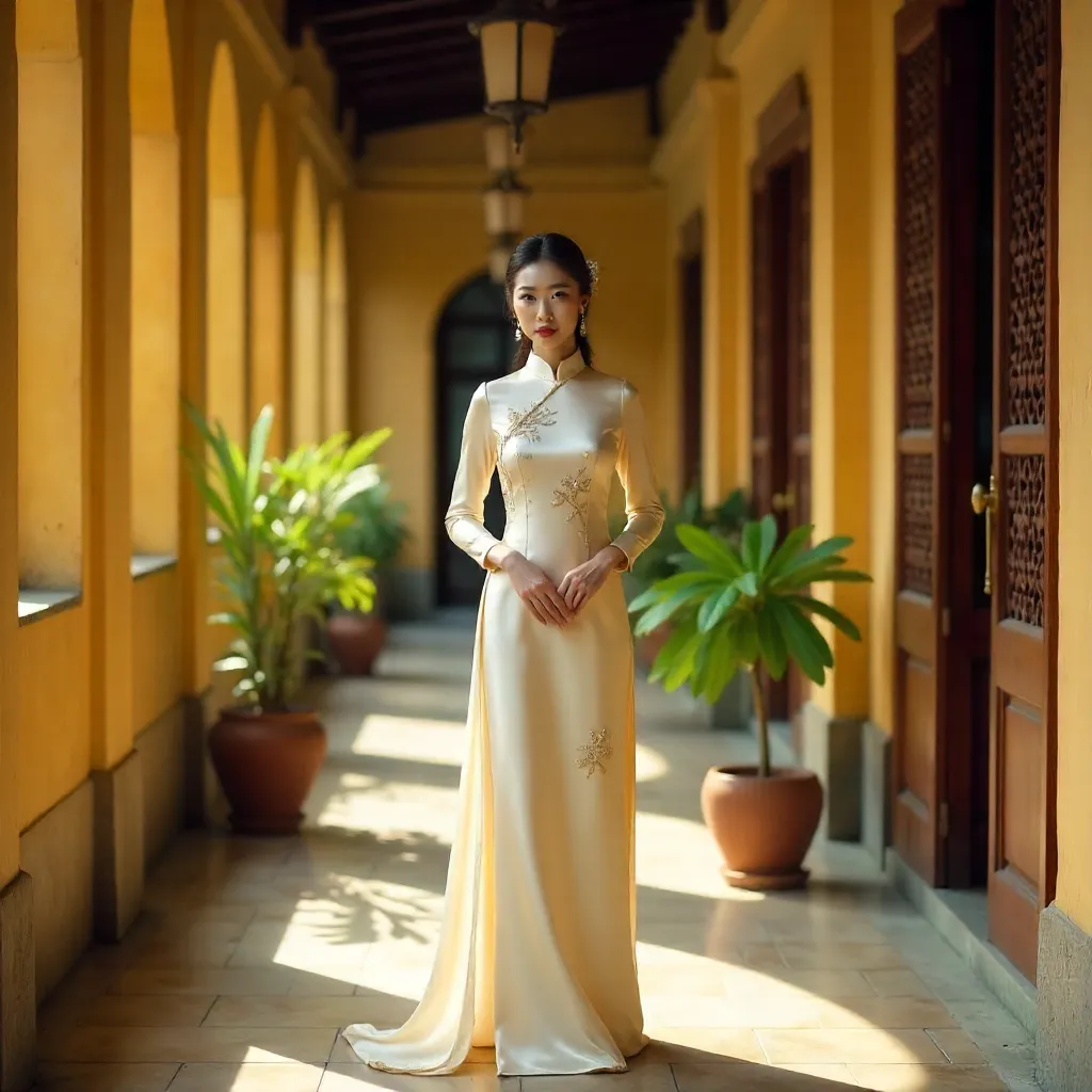 Elegance in Hanoi Corridor: Woman in Ao Dai