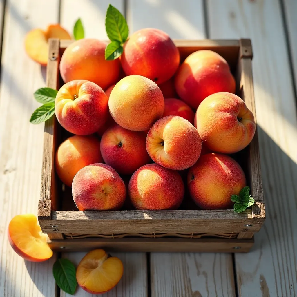 Top-View Fresh Peaches in a Crate for Summer Recipes