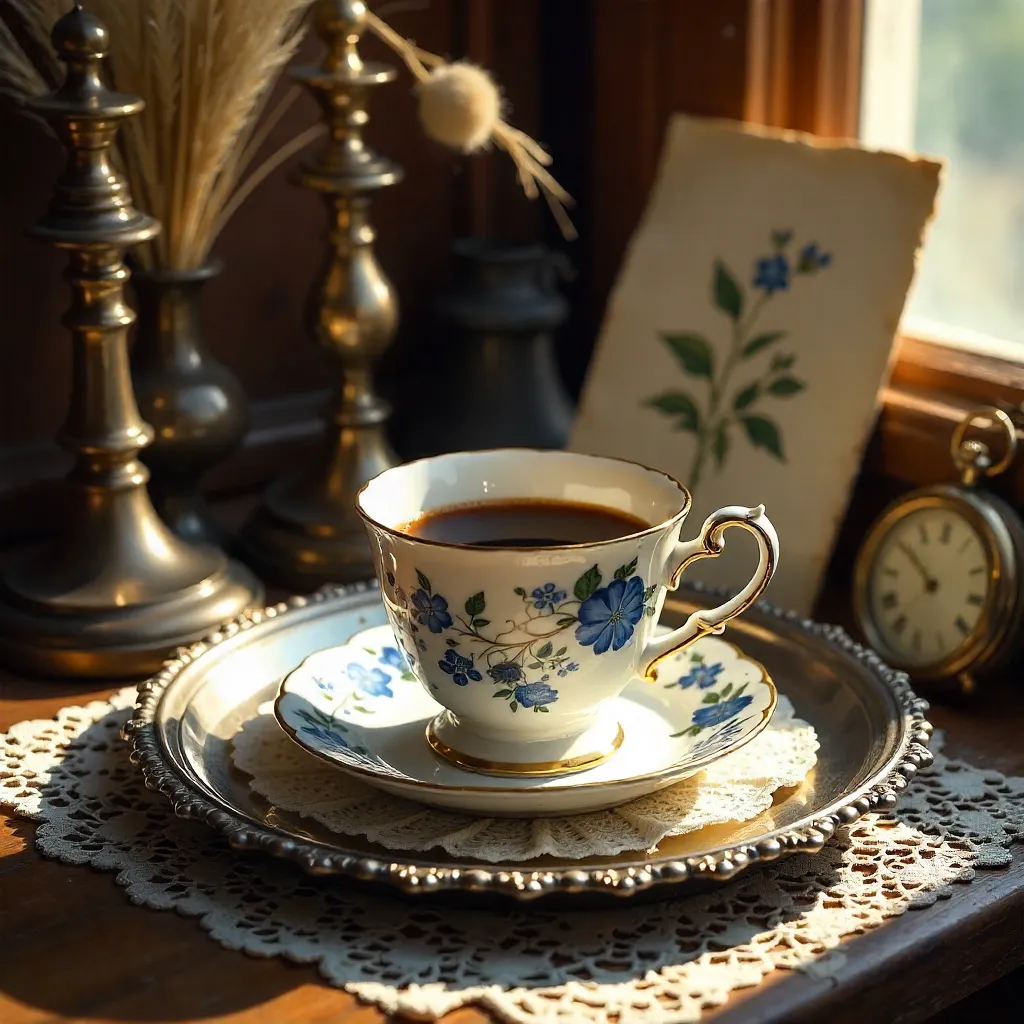 Floral Coffee on a Vintage Lace Tray