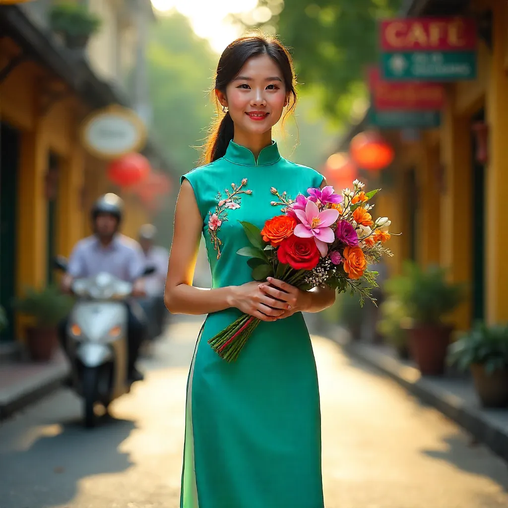 Ao Dai and Colorful Bouquet in Hanoi